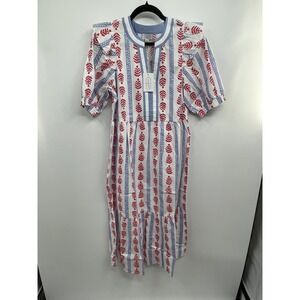 Mud Pie White Dress with Red Leaf Print and Blue Trim